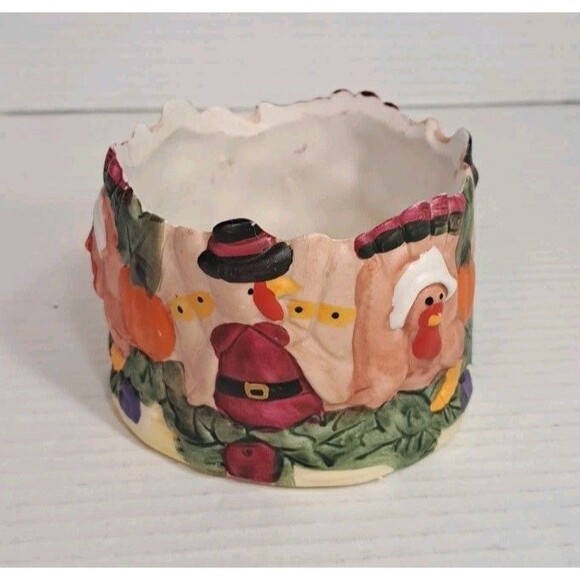 Thanksgiving Pilgrim Turkey Ceramic Candle Holder Bowl Fall Decor Hand Painted - Picture 2 of 7